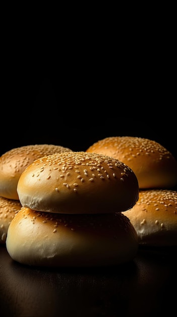 Fresh white hamburger buns with shiny tops created with Generative AI technology