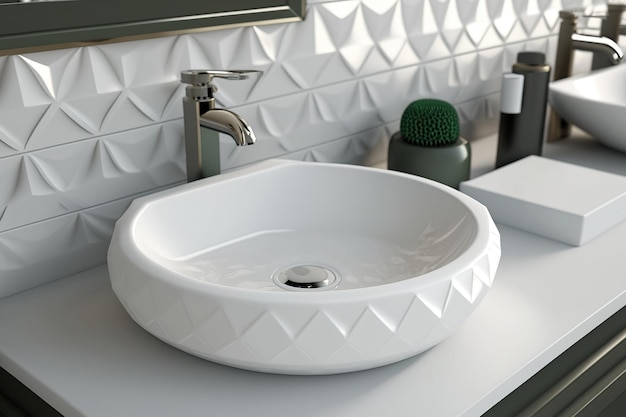 A fresh white sink in a light colored restroom