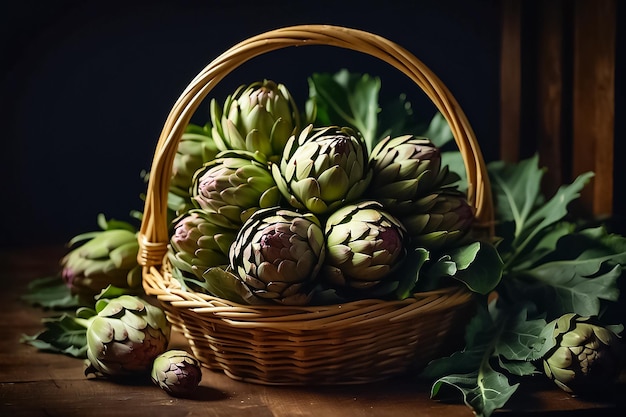 Fresh whole artichokes in a basket in the kitchen