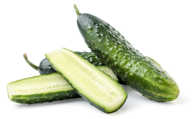 Fresh whole cucumber and half close-up on a white background. Isolated