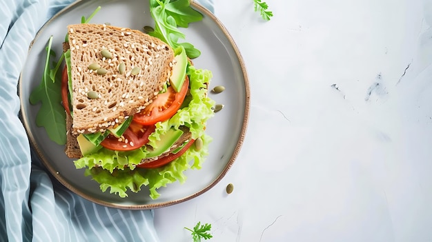 Fresh whole grain sandwich with lettuce and tomato on a ceramic plate top view with copy space