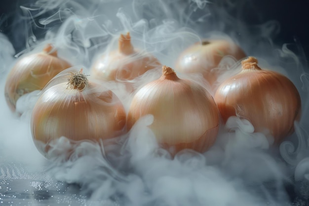 Photo fresh whole onions surrounded by swirling smoke on dark atmospheric background for culinary concepts