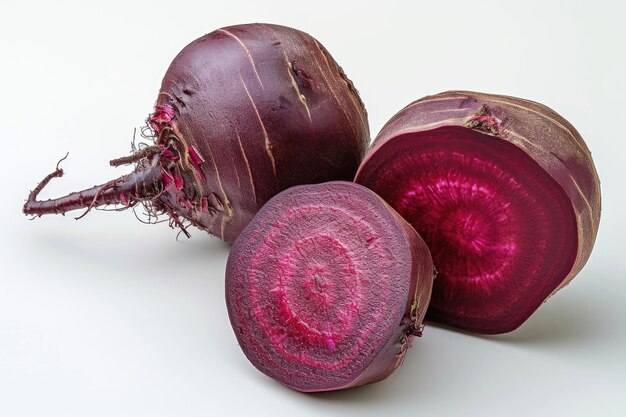 Fresh Whole and Sliced Beetroots on a Plain White Background