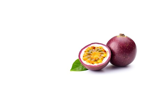 Fresh whole and sliced purple passion fruits isolated on white background with copy space