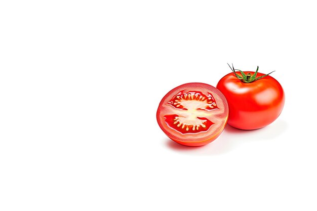 Fresh whole and sliced red tomatoes isolated on white background with copy space