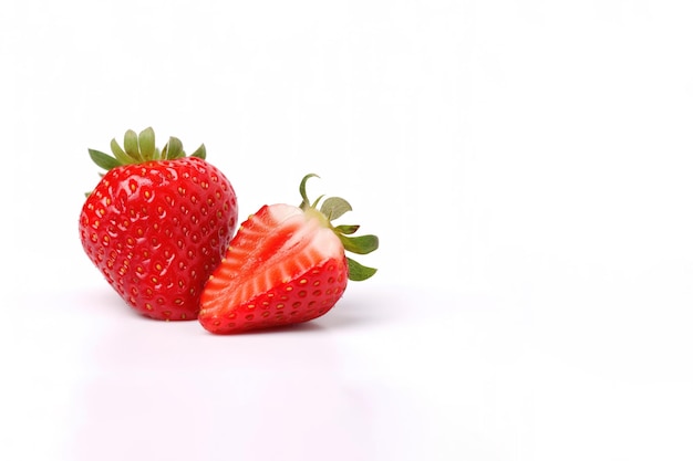 Fresh whole and sliced strawberries isolated on white background with copy space