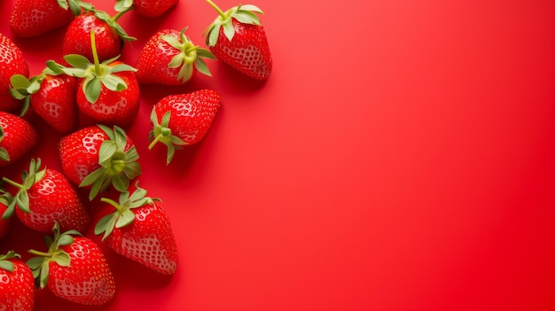 Fresh whole strawberries with green leaves on a vibrant red background suitable for healthy eating o