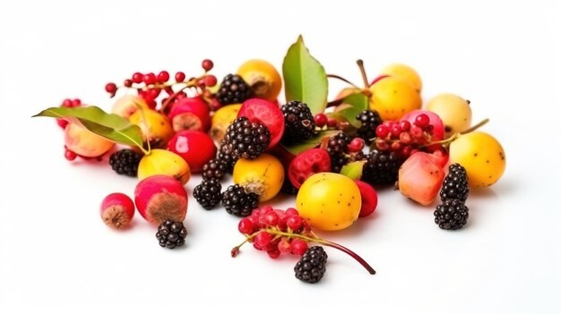 Fresh wild forest tropical exotic berries with leaf on books isolate on white background AI generated