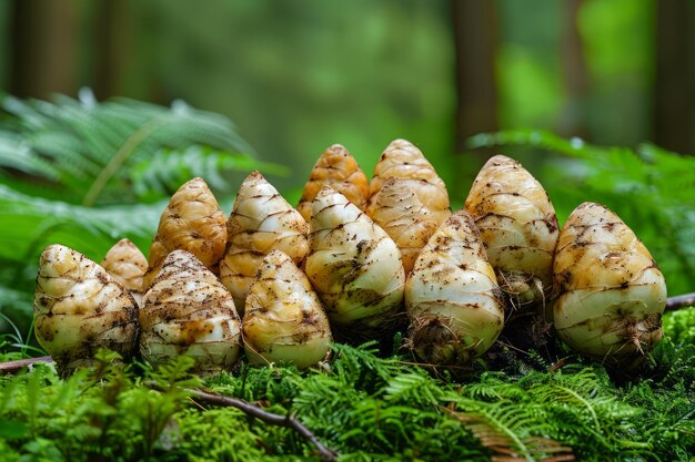 Photo fresh wild mushrooms growing in lush forest natures edible fungi on green mossy log