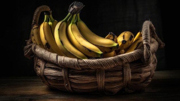 Свежие желтые банановые фрукты в бамбуковой корзине с размытым фоном