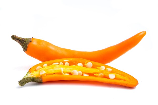 Photo fresh yellow chili pepper on white background.