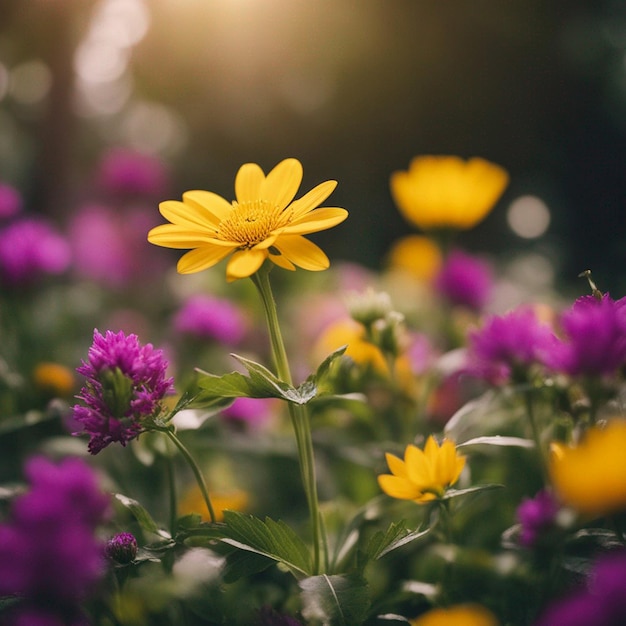 Fresh yellow flower and multi colored plant generated by AI