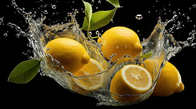 fresh yellow lemon splashed with water on black and blurred background