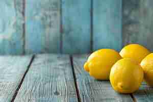 Photo fresh yellow lemons on distressed blue wooden background