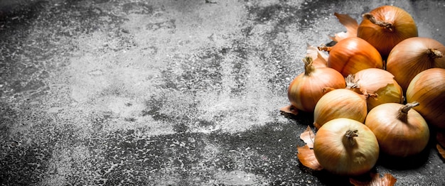 Fresh yellow onion on stone table