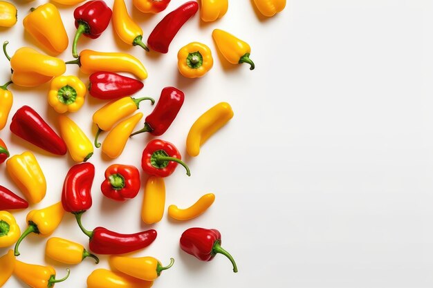 Fresh yellow and red bell peppers on a white background top view generative ai