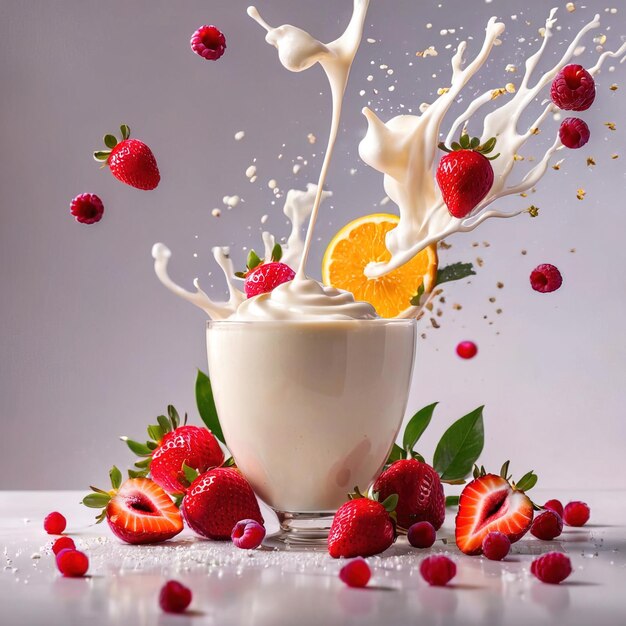 Photo fresh yoghurt with fruits dynamic food photography