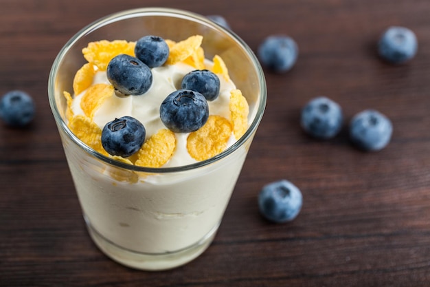 Fresh yogurt with muesli and blueberries in a glass, close-up