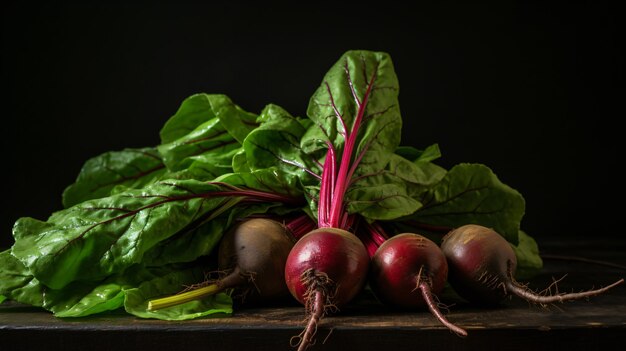 Fresh young beets with green leaves on a black background