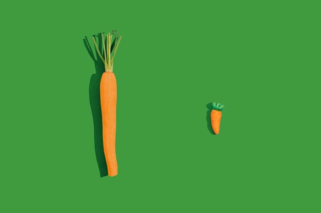 Fresh young bio orange carrot with green leaf haulm and a candy gummy carrot on a bright green background with copy space with sharp shadows Healthy diet eating vs junk food concept Raw food idea