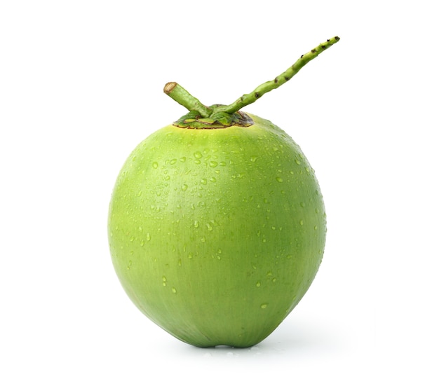 Fresh young coconut with water droplets isolated on white background. Clipping path