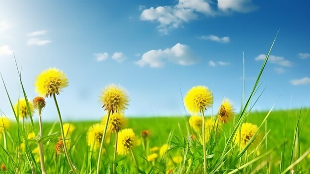 Fresh Young Grass with Yellow Dandelions