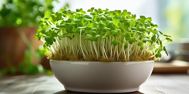 鉢 に 置か れ た 新鮮 な 若い 緑 の 野菜 の 芽 は 栄養 に 価値 が ある