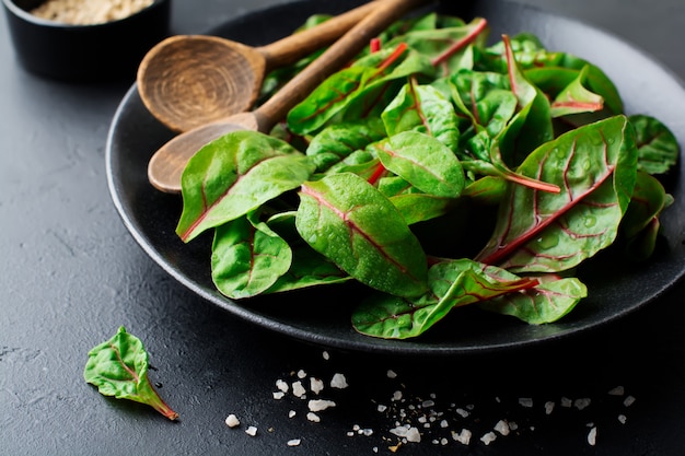 Fresh young leaves of chard for salad in a dark ceramic dish on black concrete.  