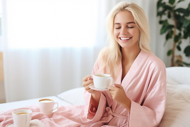 Photo fresh young woman in pink tender bathrobe drink tea