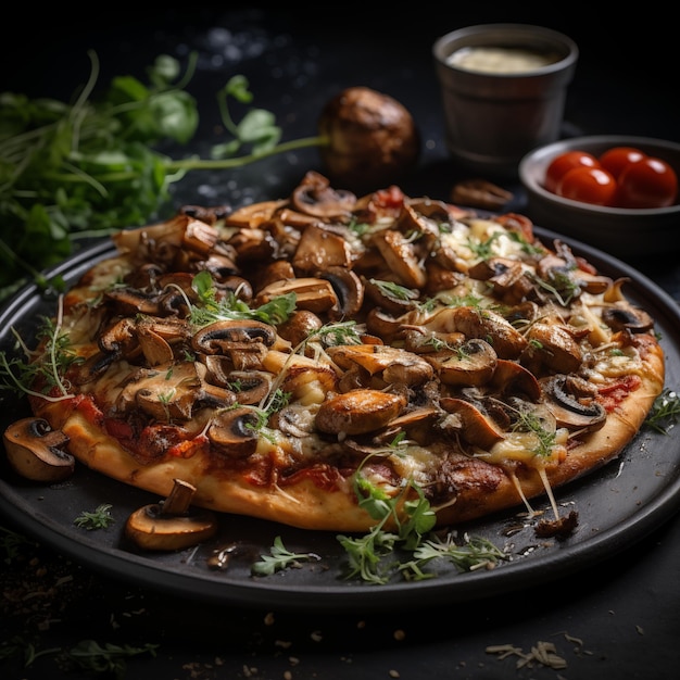 신선하고 맛있는 이탈리아 피자 버섯과 고기와 함께 시골 목조 테이블에서 조각으로 잘라