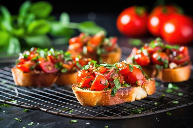 Freshbaked bruschetta on a cooling rack topped with a sprig of thyme