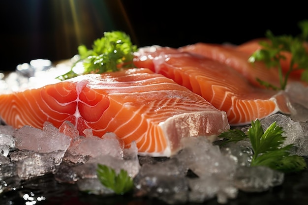 The freshest steak or fillet of fresh Atlantic salmon with herbs Fresh fish chilled in ice closeup Ready to eat