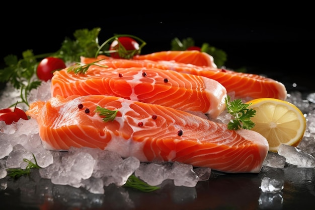 The freshest steak or fillet of fresh Atlantic salmon with herbs Fresh fish chilled in ice closeup Ready to eat