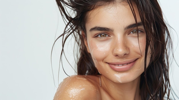 Freshfaced beauty with water droplets and a playful smile