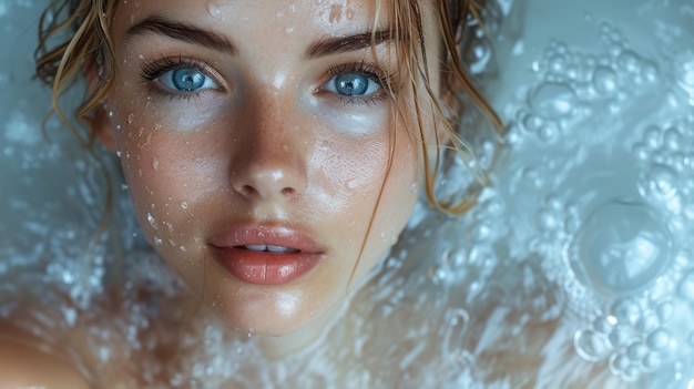 Foto giovane donna con la faccia fresca e la bellezza dello spruzzo d'acqua