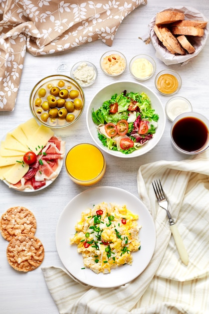 Freshl breakfast table. Healthy food. Top view.