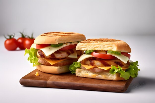 Freshly and appetizing homemade sandwiches on a wooden tray