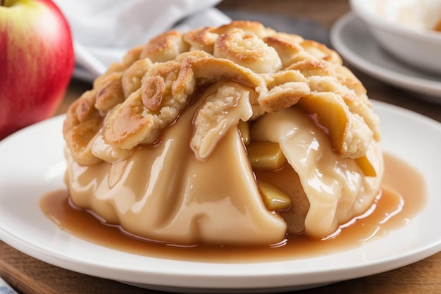 A freshly baked apple dumpling on a white plate