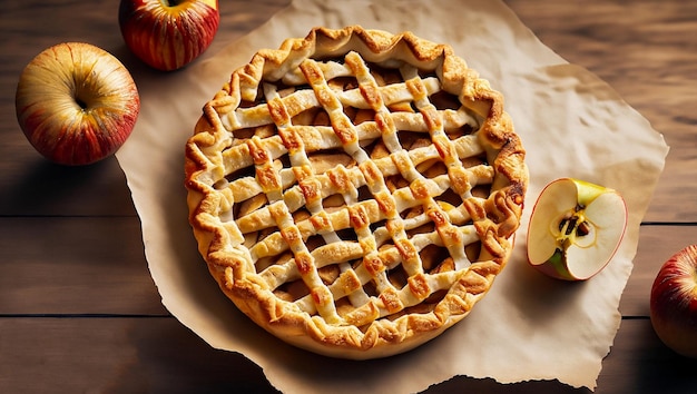 Фото Свежевыпеченный яблочный пирог на пекарной бумаге на деревянной скамейке