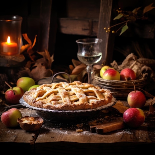 Freshly baked Apple Pie on a rustic table Generative AI