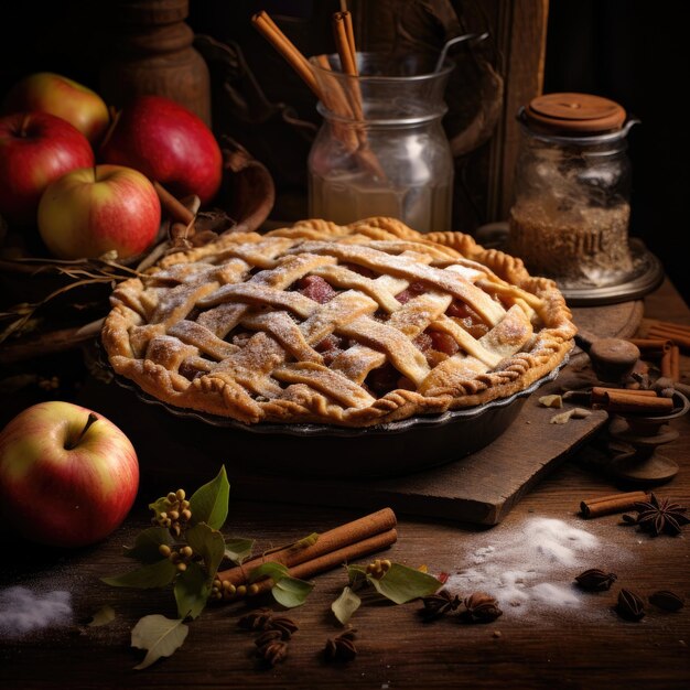 Freshly baked Apple Pie on a rustic table Generative AI