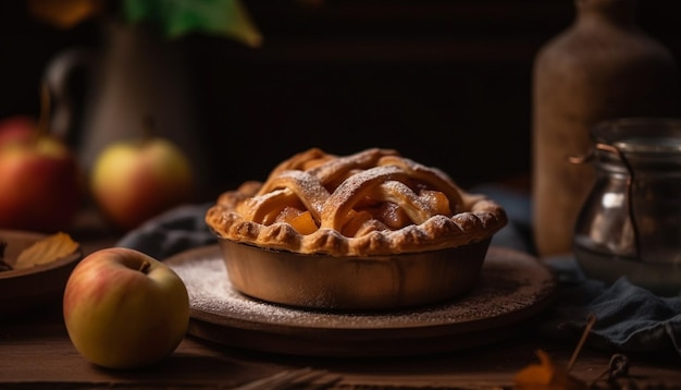 Freshly baked apple pie on rustic wooden table generative AI