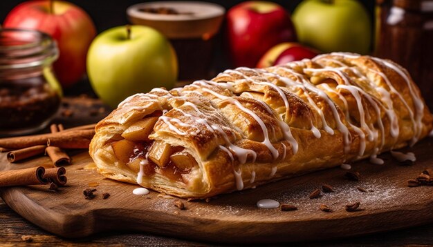 Photo freshly baked apple strudel on rustic wood table generated by ai