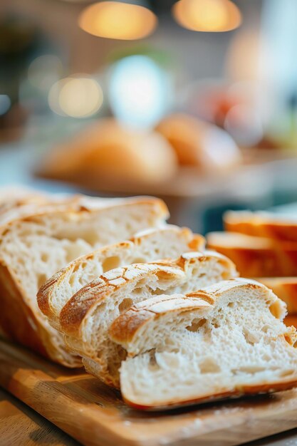 Freshly baked artisan bread sliced on rustic wooden board