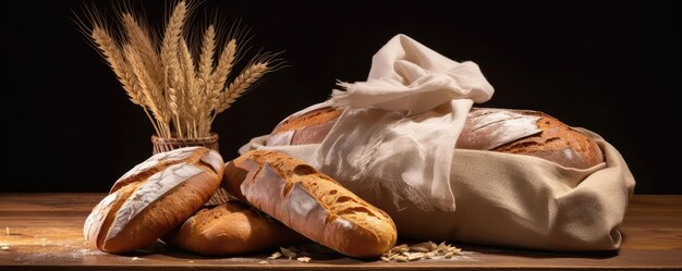 Freshly baked artisan bread varieties wrapped in cloth next to grain sheaves on a rustic wood surfac