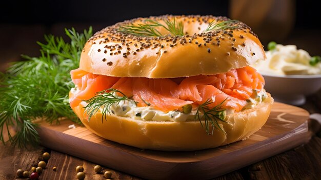 Freshly baked bagel filled with smoked salmon and cream cheese on a wooden board and table A healthy breakfast food