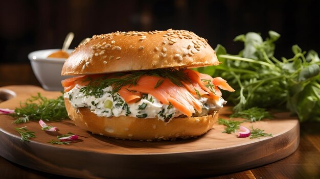 Freshly baked bagel filled with smoked salmon and cream cheese on a wooden board and table A healthy breakfast food