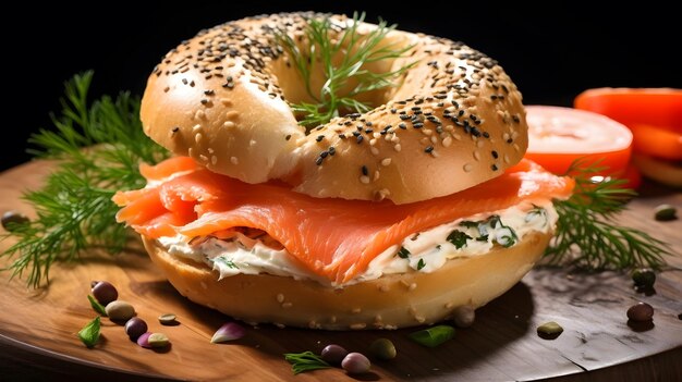 Freshly baked bagel filled with smoked salmon and cream cheese on a wooden board and table A healthy breakfast food