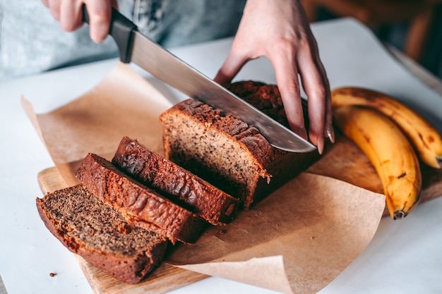 Freshly baked banana bread in the kitchen