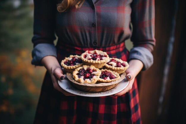 A freshly baked berry pie in the hands of a woman Generative AI illustration
